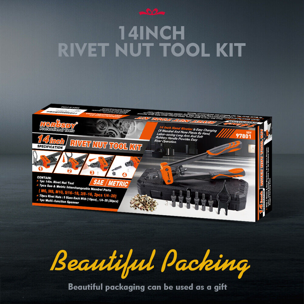 Professional 14-Inch Rivet Nut Tool Set Featuring Interchangeable Metric & SAE Mandrels and Rivnuts