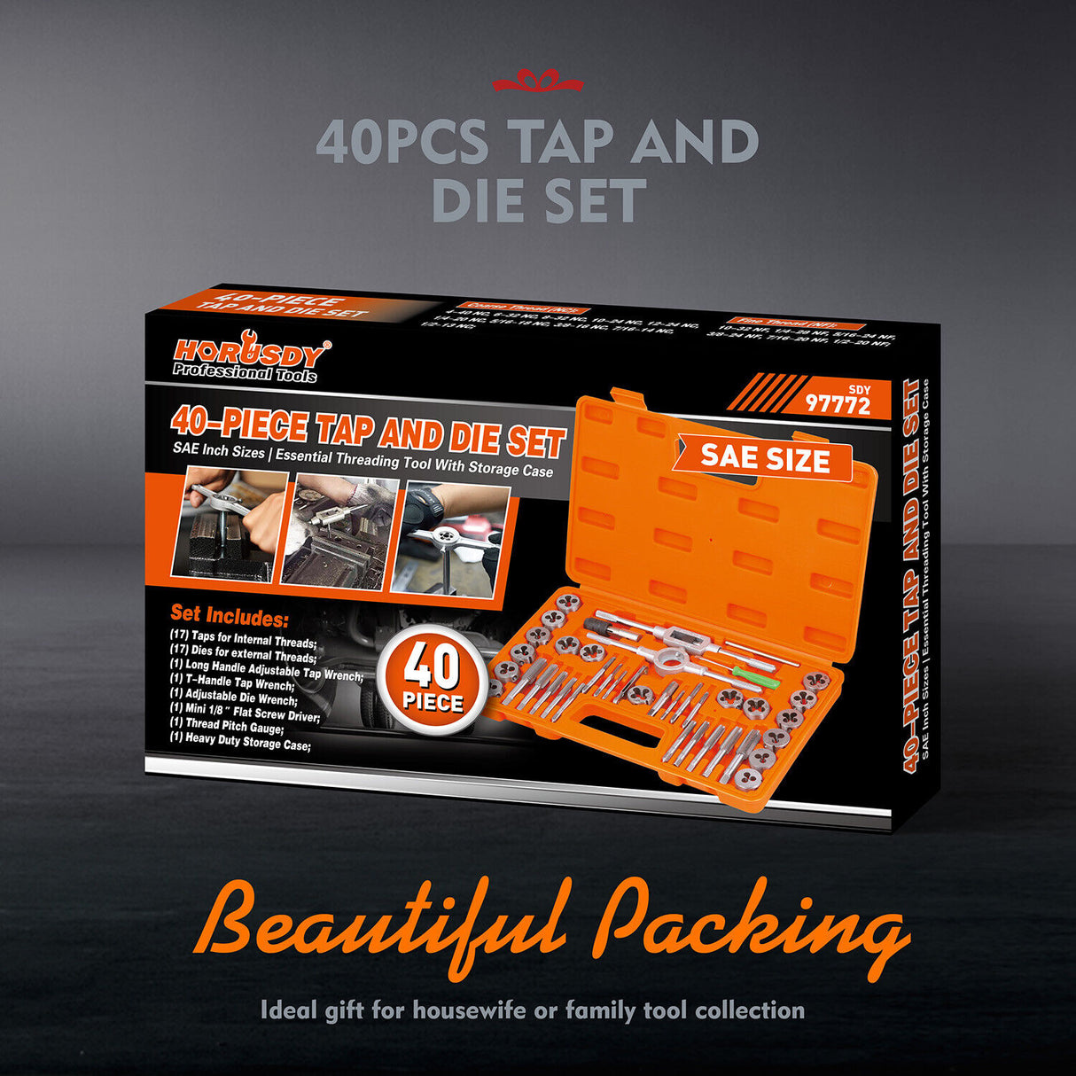 Comprehensive 40 Piece Tap and Die Set in Imperial SAE Measurements with Screwdriver Thread Drill and Pitch Gauge