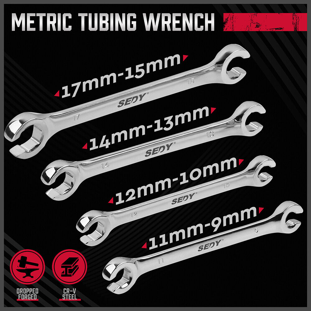 SEDY 4-Piece Metric Flare Nut Wrench Set, Dual Sizes 9-17mm, Durable CR-V Steel, with Convenient Storage Pouch