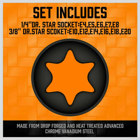 11-Piece Impact E-Torx Socket Set Including E4-E20 Sizes for 1/4" and 3/8" Drives with Storage Rail