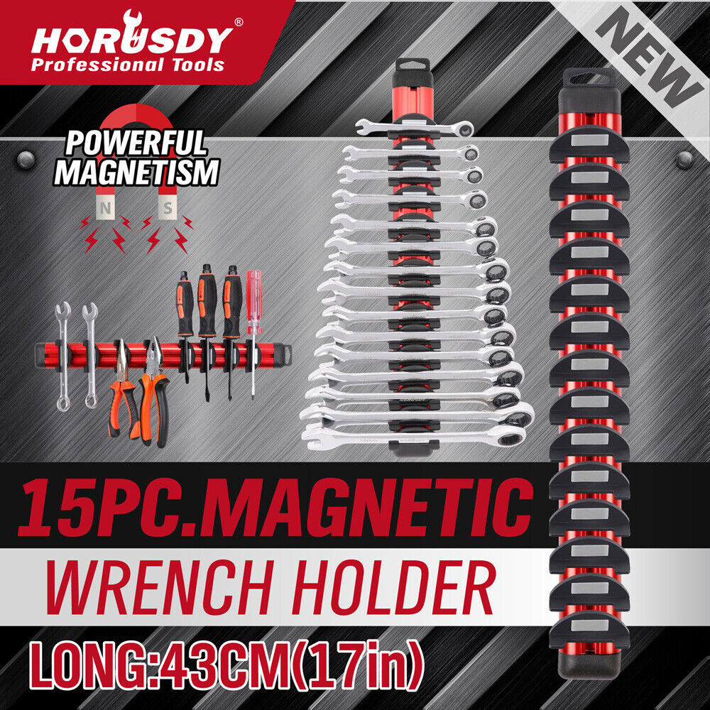 HORUSDY Magnetic Wrench Holder with 15 Slots, Durable Red Wall Mounted Tool Organizer for Spanners and Screwdrivers