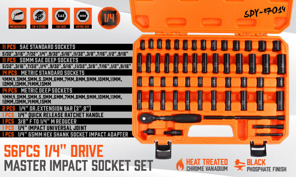 Comprehensive 56-Piece 1/4" Drive Impact Socket Wrench Set with Metric and Imperial Sizes, Ratchet Handle, Extensions, and Storage Case