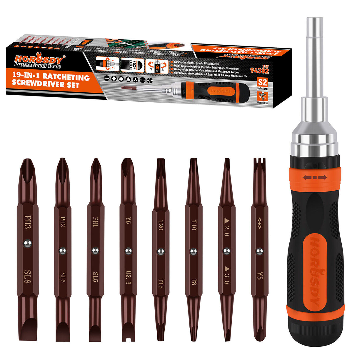 Comprehensive 19-piece ratchet screwdriver set including double-end bits with ball lock storage in handle, featuring anti-slip grip for efficient use in home or car repairs