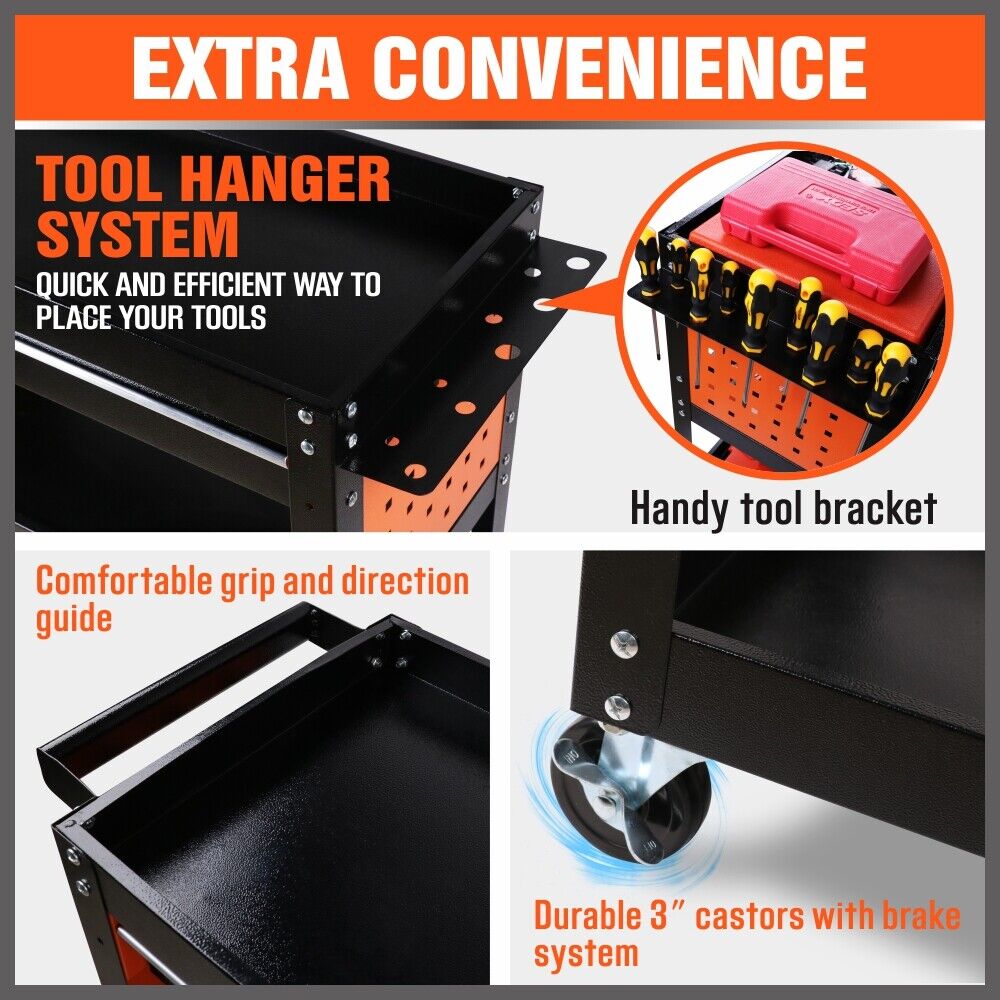 Single Drawer Tool Storage Trolley - Secure storage, easy mobility, versatile organization, convenient tool hanger system.