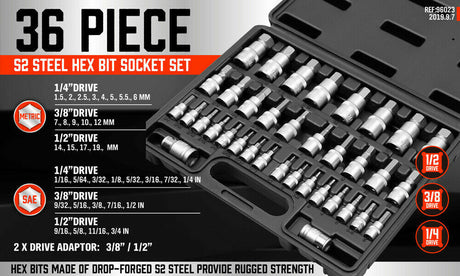 36-Piece Hex Bit Socket Set with S2 Steel Bits. Premium materials. Rugged strength. Versatile and organized. Ideal for repairs.