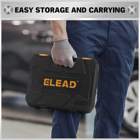 ELEAD 33-piece ratchet wrench set with various SAE and metric sizes, featuring a durable case, Phillips and slotted bits adapter for versatile use.