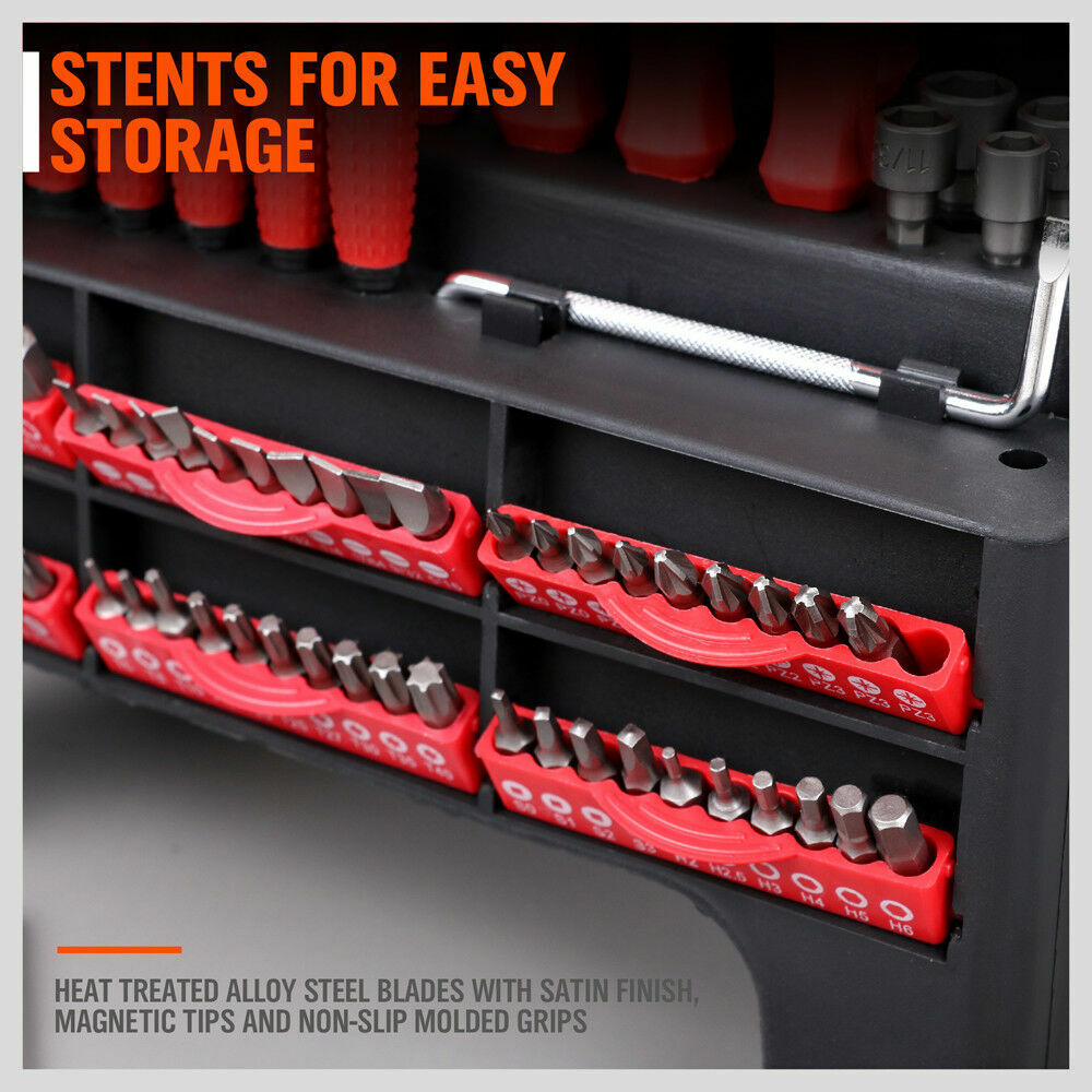 Versatile 100pc Screwdriver Set with Multiple Bits Including Slot, Pozi, Hex, Star, and Square in a Red and Black Rack