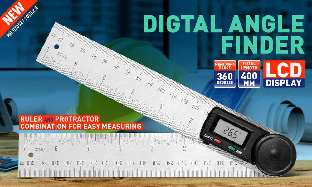 Stainless steel 200mm digital angle finder with LCD display showing 0-360 degrees measurement range