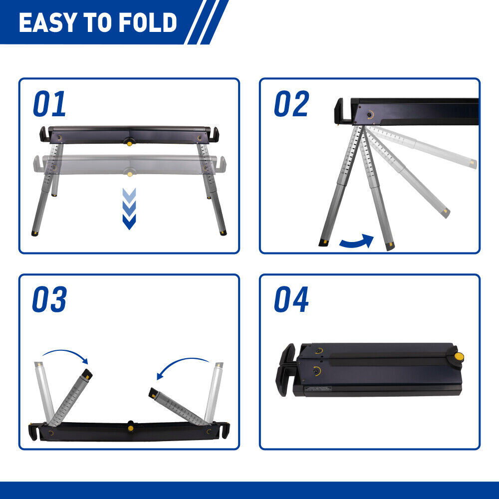 Pack of 2 durable steel sawhorses, adjustable and foldable for easy transport, with a combined load capacity of 450lbs, suitable for job sites and DIY projects.