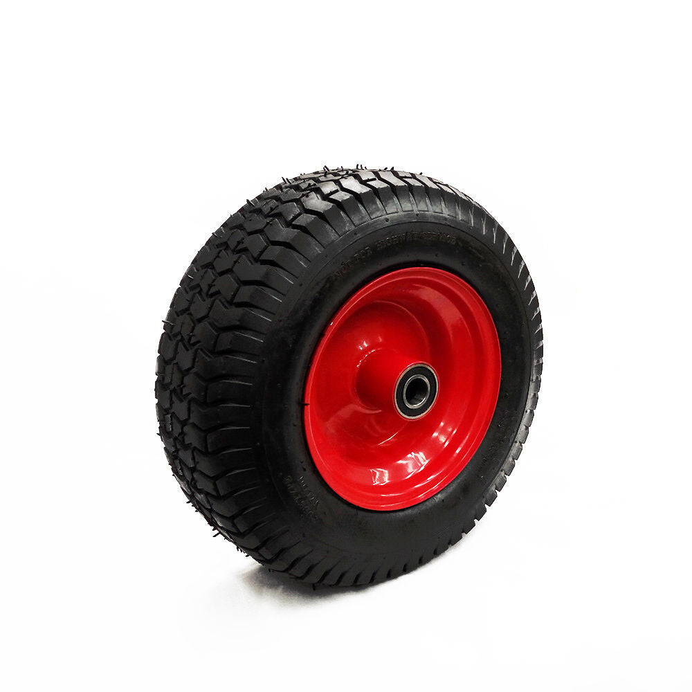 Heavy-duty 16-inch non-pneumatic wheelbarrow wheel with a red steel rim and a black tire, ideal for trolleys and carts, capable of supporting heavy loads.