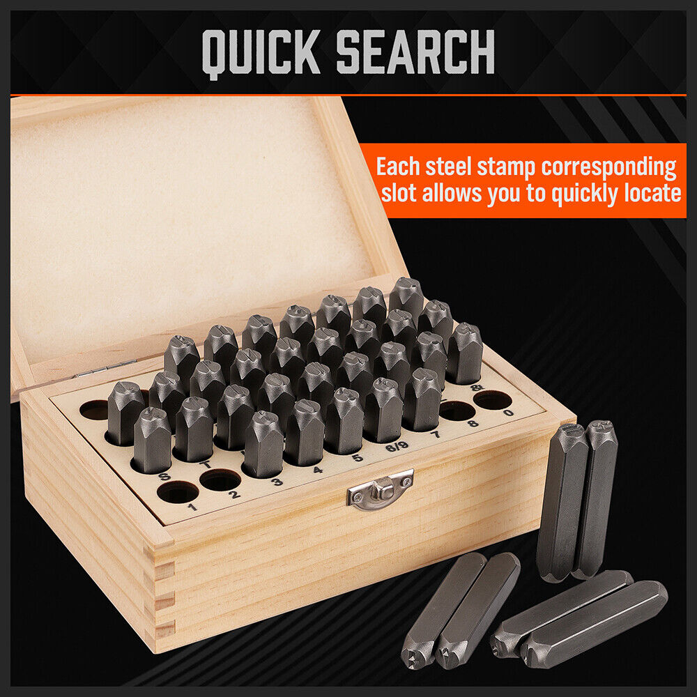 HORUSDY 36-Piece Carbon Steel Stamp Punch Set - 8mm Letters and Numbers with Wooden Storage Box