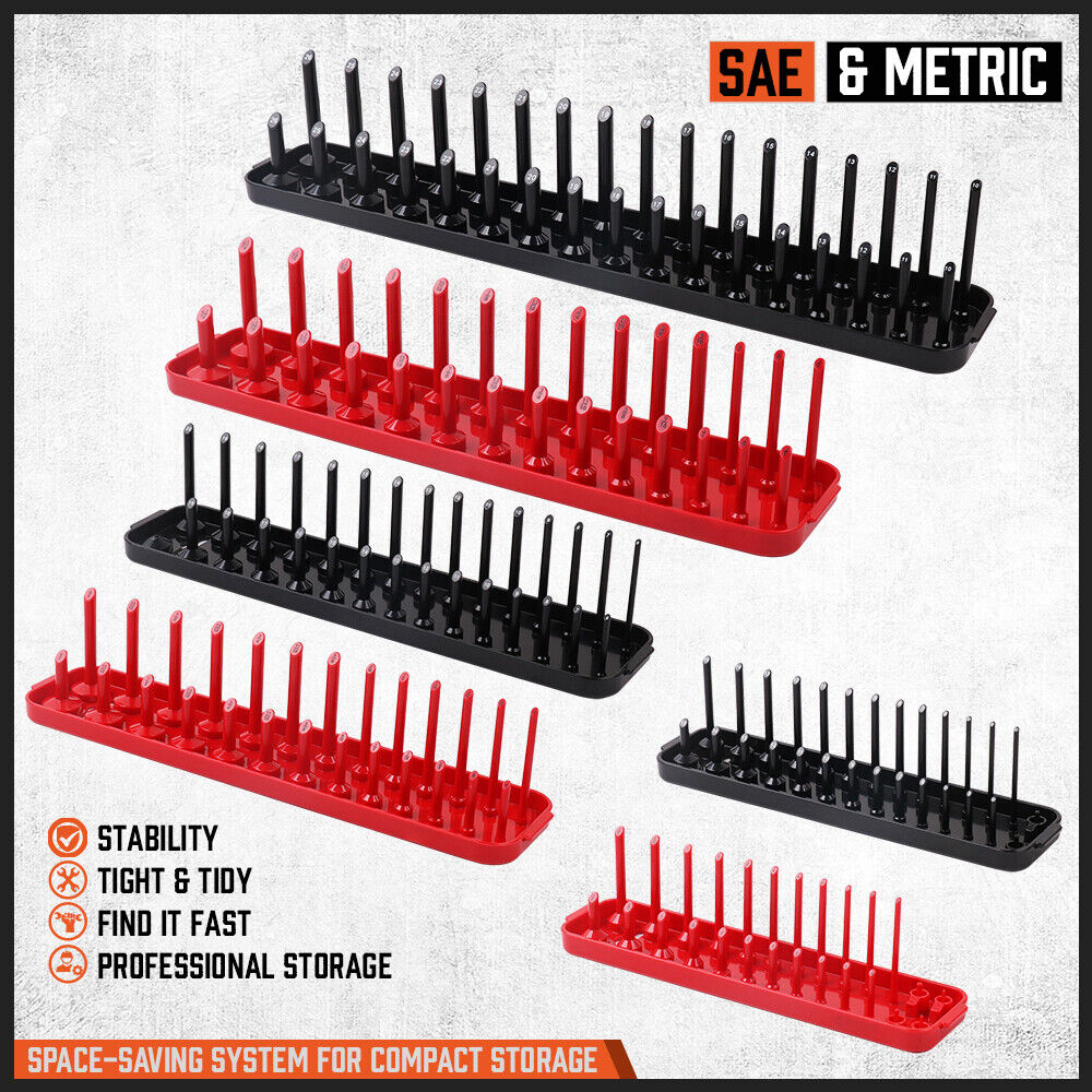 6-Piece Metric and SAE Socket Organizer Tray Set for Efficient Tool Storage in Garage, Fits 1/4", 3/8", 1/2" Drives