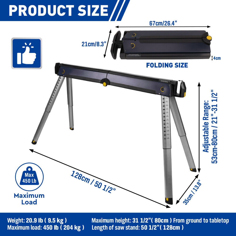 Pack of 2 durable steel sawhorses, adjustable and foldable for easy transport, with a combined load capacity of 450lbs, suitable for job sites and DIY projects.