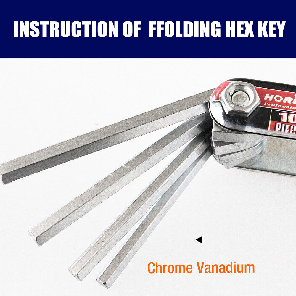 10-piece metric folding hex key set in a pocket-sized aluminum holder. Hardened chrome vanadium steel keys range from H1.5 to H6. For professionals and DIYers.