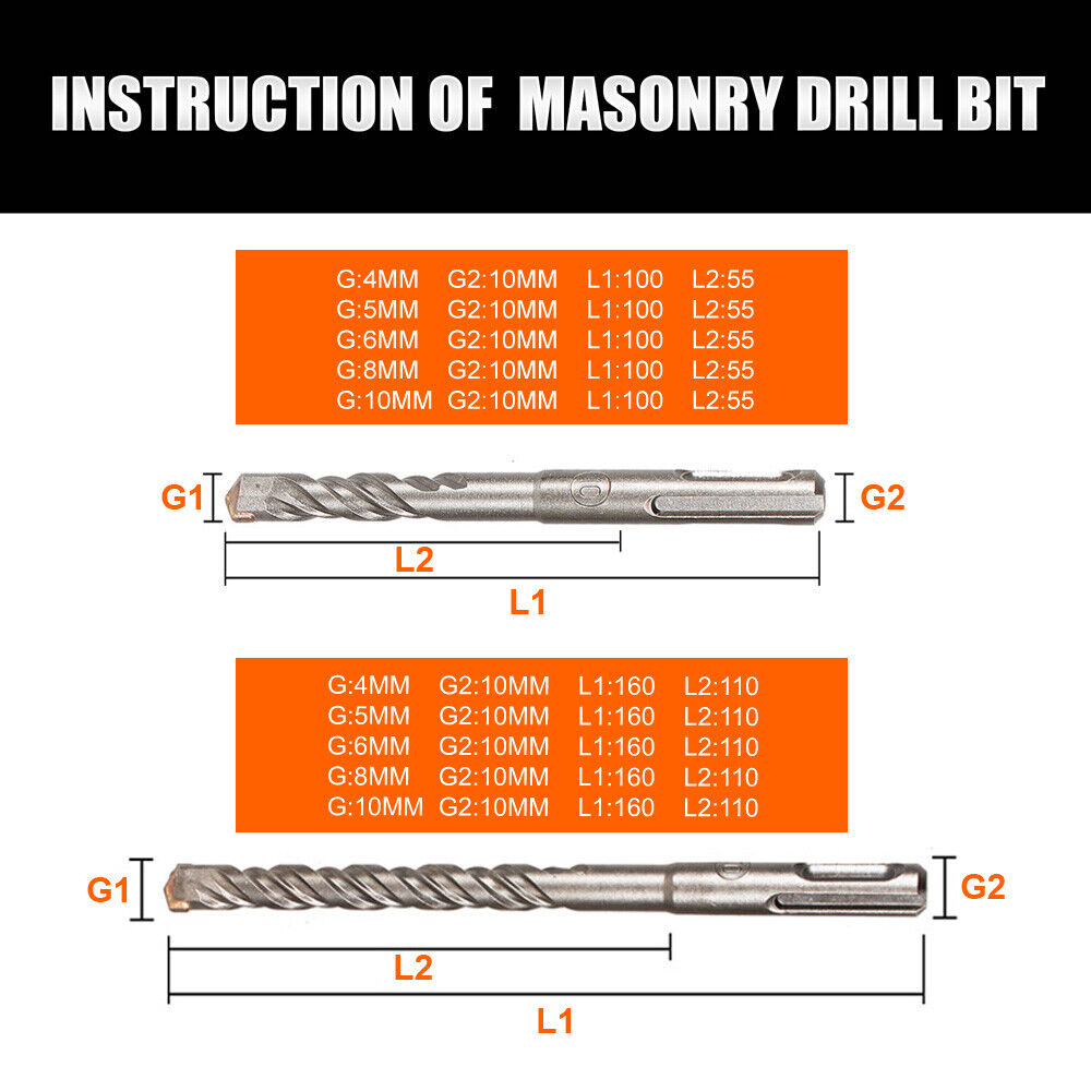 HSS Masonry Drill Bits Hammer Drilling Concrete Head Twist SDS Plus Shank 5-10mm