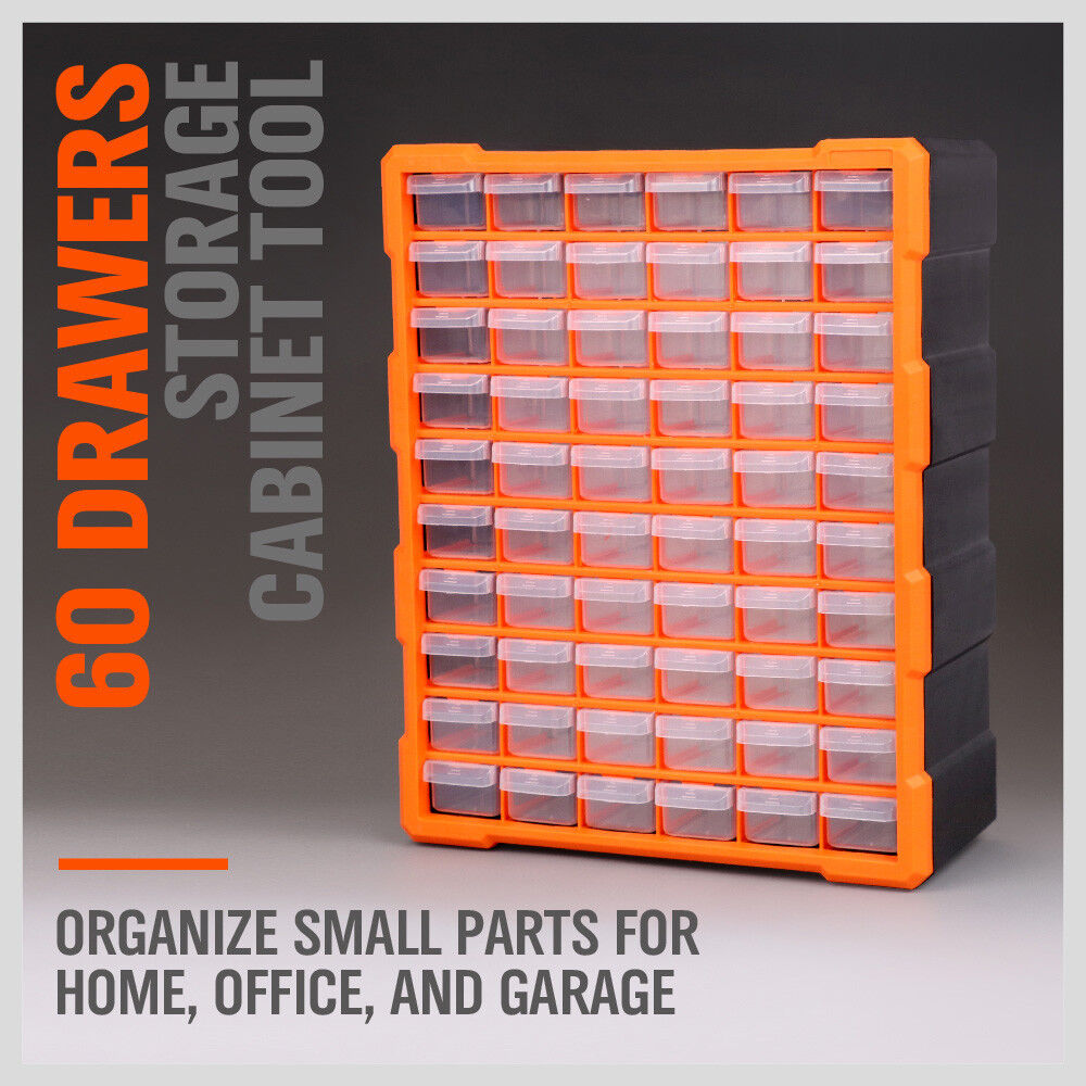 60-drawer organizer set enables wall, stack or floor installation with durable, transparent build for functionally arranging huge volumes of tools, industrial parts and job site supplies.