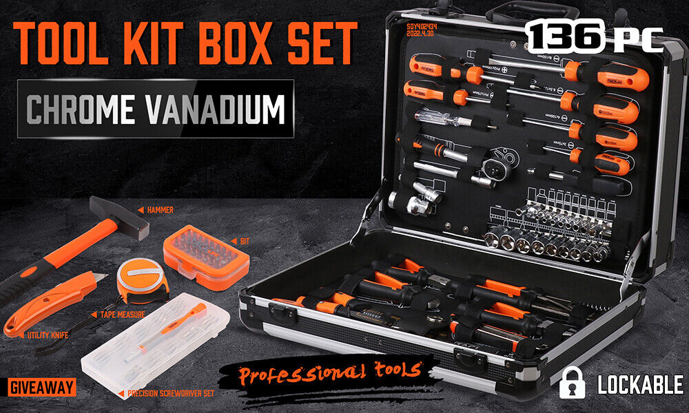 Extensive 136-Piece Hand Tool Box Kit with Ratchet Socket Wrench Spanner in a Sturdy Aluminium Case