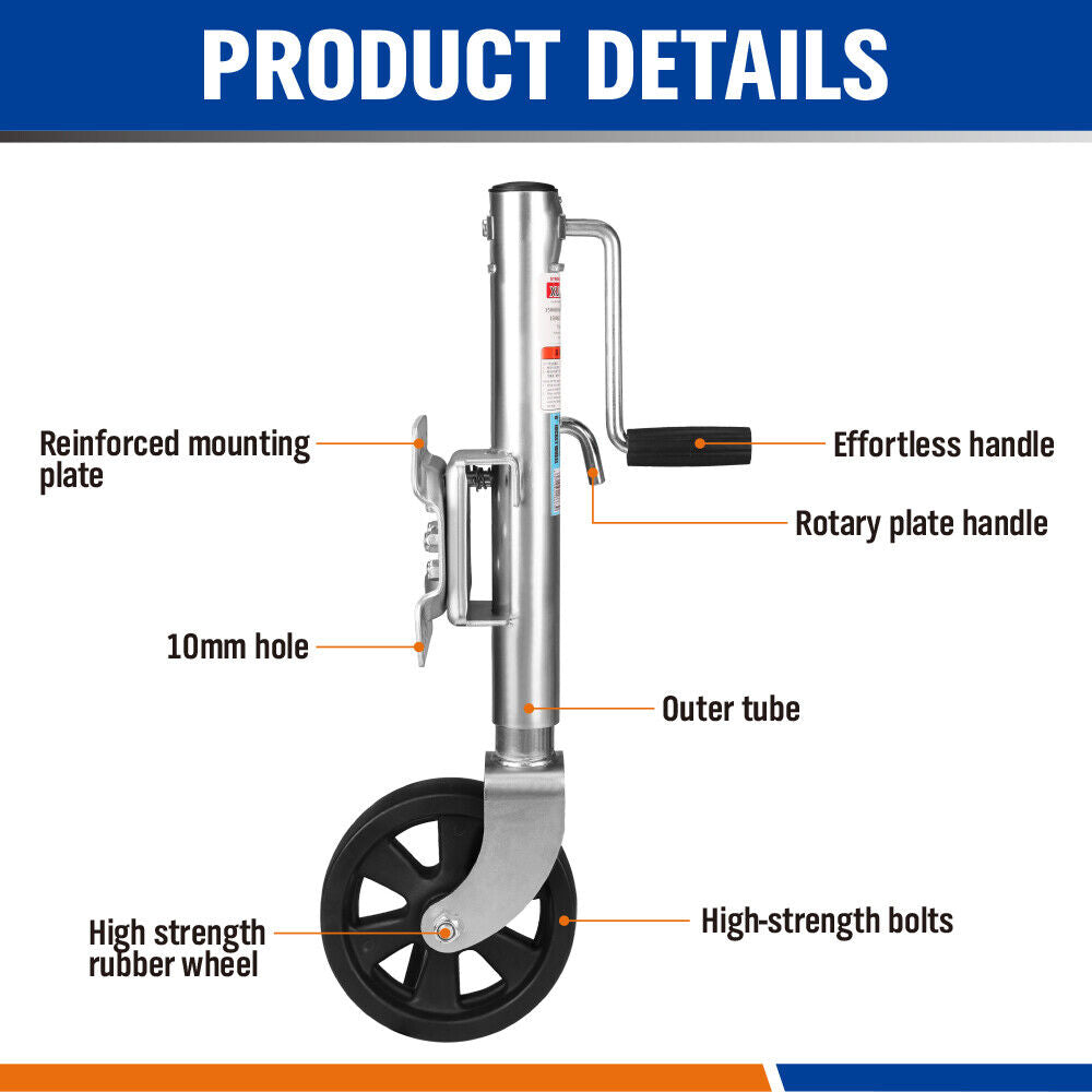 Heavy-Duty 8-Inch Solid Jockey Wheel - 1500LBS Load, Nylon Tire, Adjustable Height for Marine and Utility Trailers