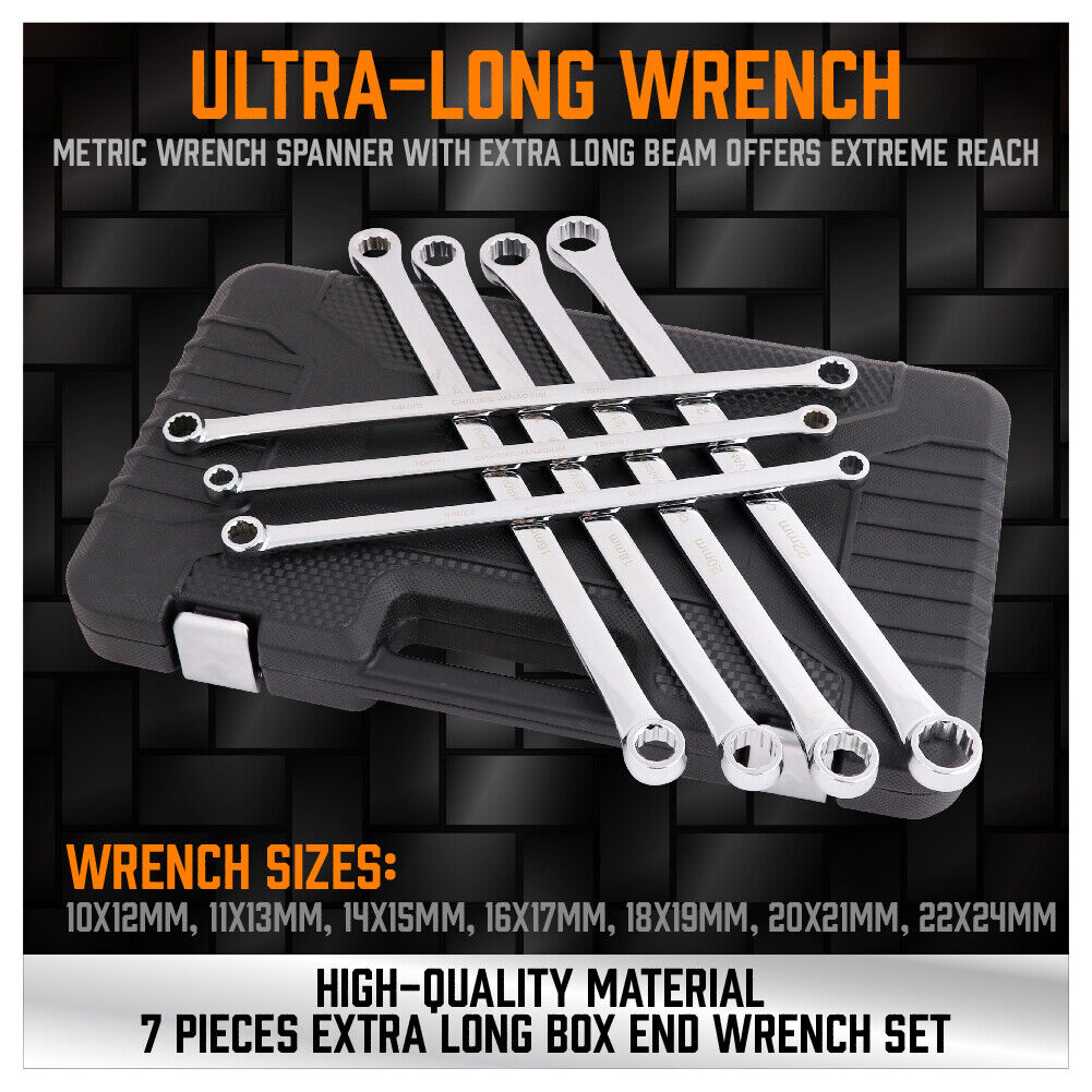 High-Quality 7-Piece Aviation Double Ring Spanner Set - Includes Extra Long Wrenches from 10 to 24mm, Durable Chrome Vanadium Construction with Storage Case