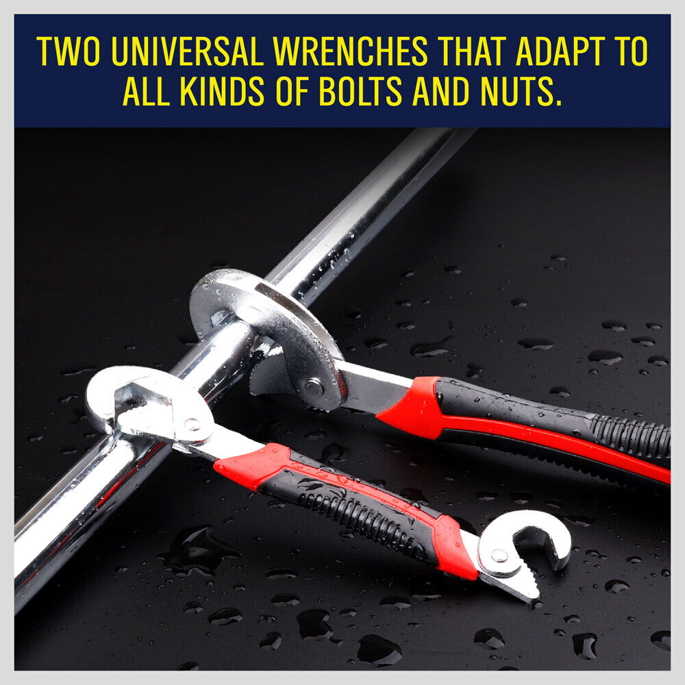 4-Piece Universal Quick Snap N Grip Wrench Set featuring two large and two small adjustable wrenches. These wrenches adapt to various bolts and nuts sizes, showcasing their self-adjusting technology for effective and easy use.