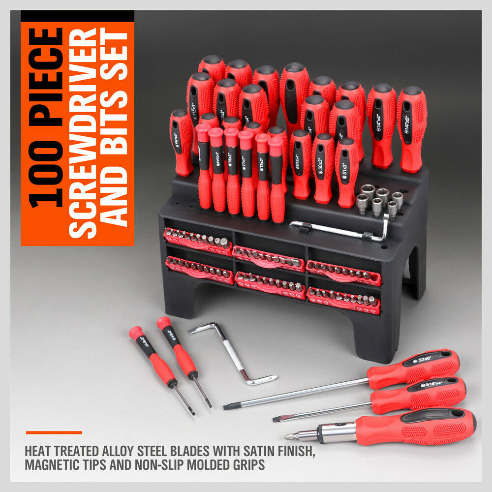 Versatile 100pc Screwdriver Set with Multiple Bits Including Slot, Pozi, Hex, Star, and Square in a Red and Black Rack