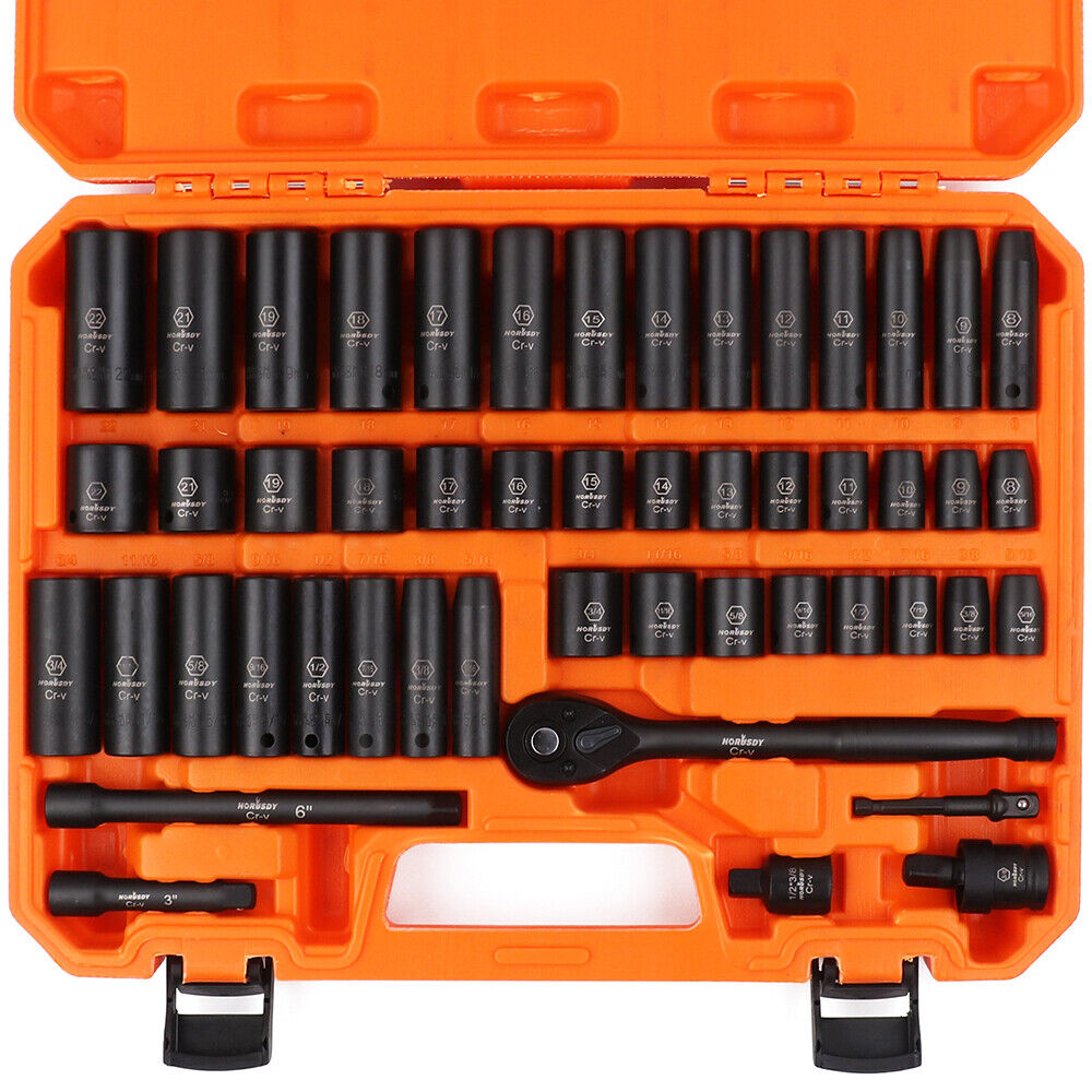 Comprehensive 50Pc 3/8" Impact Socket Set with Ratchet, Extensions, Metric & SAE Sizes, Durable Case Included