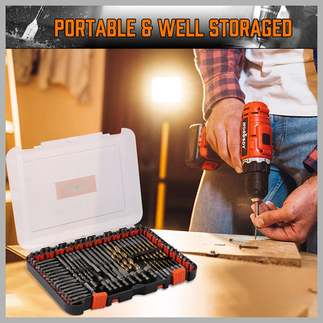 Extensive HORUSDY 112-Piece Drill Bit Set featuring Spade, Masonry, Nut Driver, and Various Insert Bits with Titanium Coating for Wood and Metal Drilling