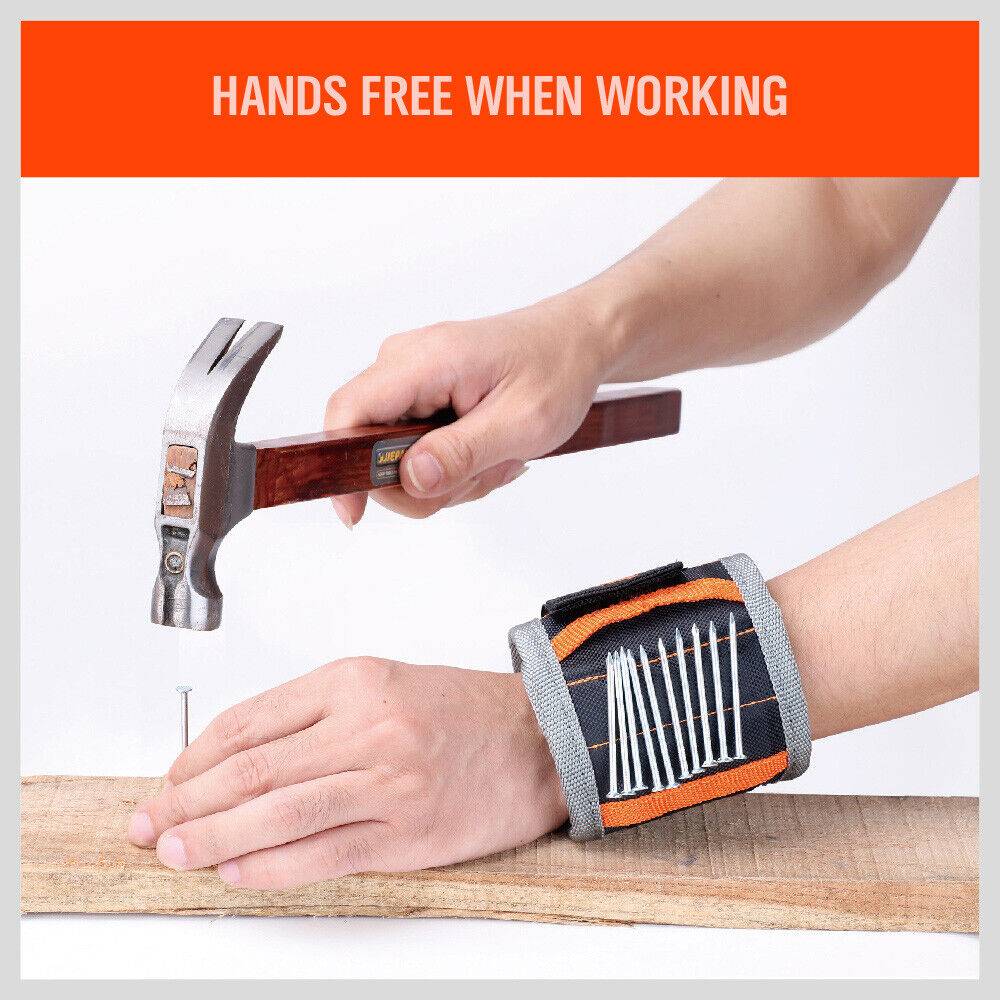 Adjustable magnetic wristband with strong magnets for securing screws, bolts, and nails.