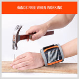 Adjustable magnetic wristband with strong magnets for securing screws, bolts, and nails.