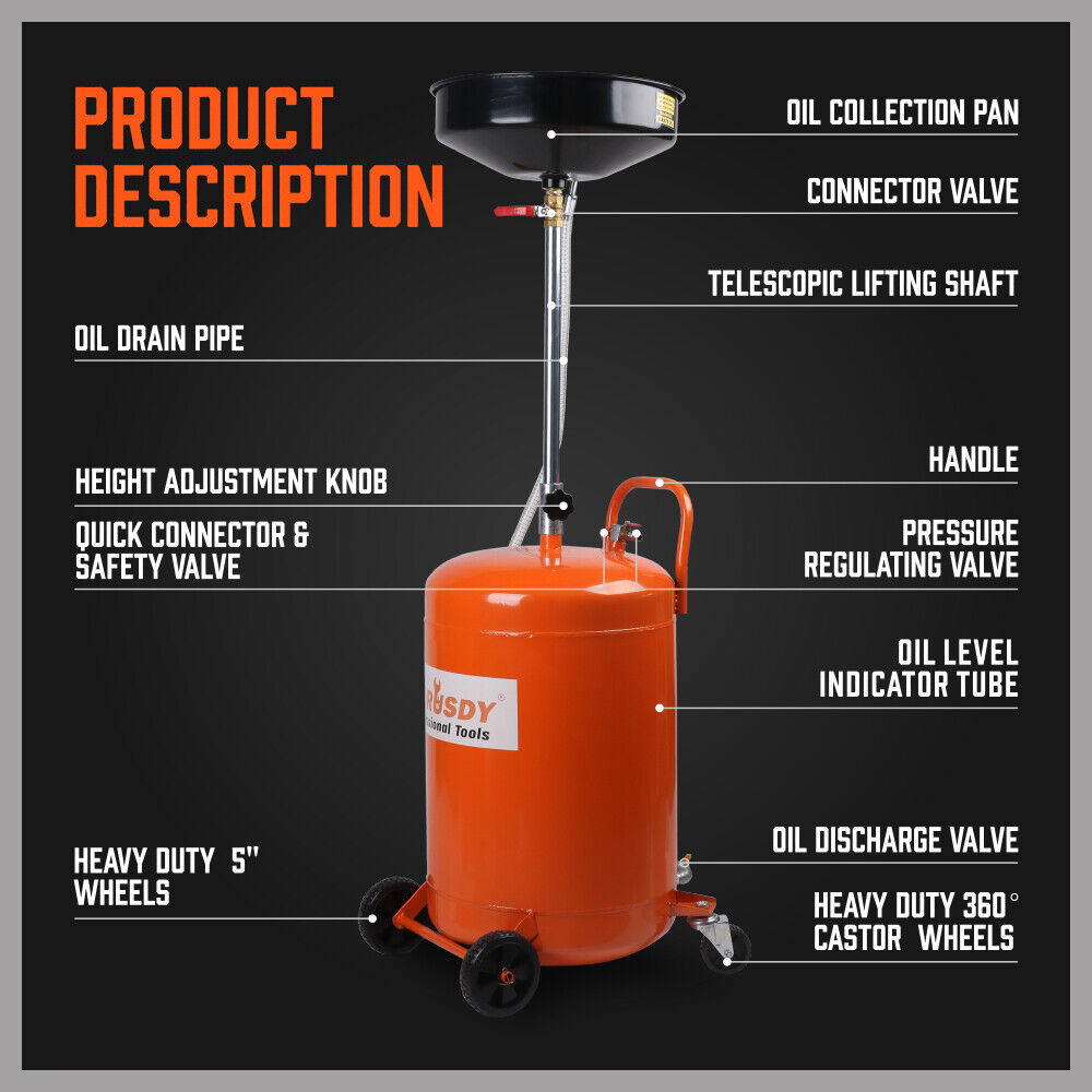 HORUSDY 80L Pneumatic Waste Oil Drainer, 98-165cm Adjustable Height, 10L Funnel, Air Pressure Operated, with Wheels for Workshop Oil and Fluid Transfer