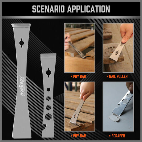 Durable stainless steel pry bars with hooked and flat ends for lifting, scraping, and prying.