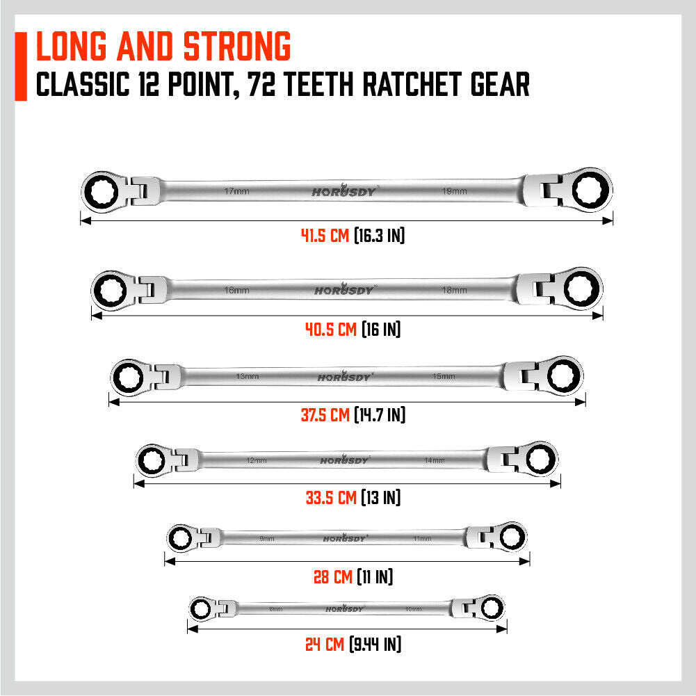 10-Piece CRV Steel Ratchet Spanner Set with 180-Degree Rotating Head, Extra Long Design from 8mm to 19mm Sizes