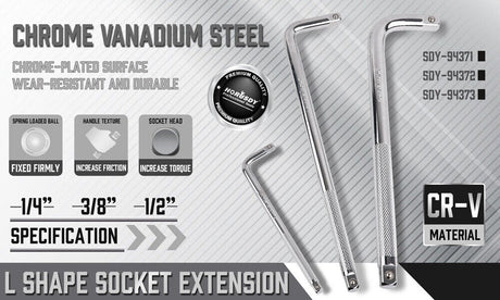 L Shape CR-V Steel Socket Extension Bar in 1/4", 3/8", 1/2" Drive Sizes, Chrome-Plated for Durability and Secure Socket Hold