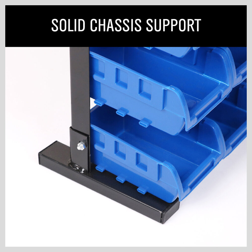 Wall-mounted bin storage rack with 36 detachable bins for organized workshop tools and accessories.