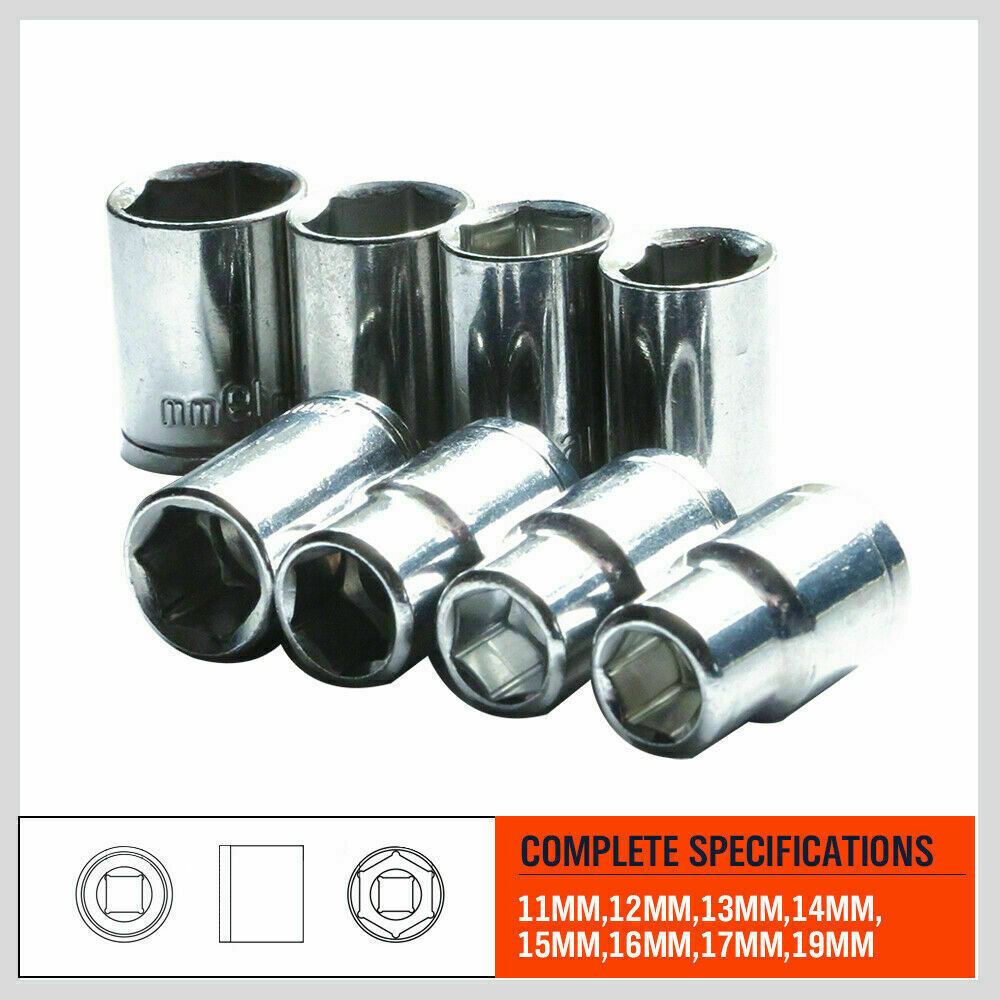 High-Strength 8-Piece Metric Socket Set for 1/2" Drive, Sizes 11MM-19MM - Chrome Vanadium Steel with Chrome Plated Finish