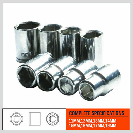 High-Strength 8-Piece Metric Socket Set for 1/2" Drive, Sizes 11MM-19MM - Chrome Vanadium Steel with Chrome Plated Finish