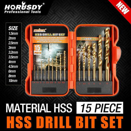 Comprehensive 45-Piece HSS Drill Bit Set, including 15 Metal, 15 Wood, and 15 Concrete Drill Bits in Various Sizes, with a Sturdy Carrying Case