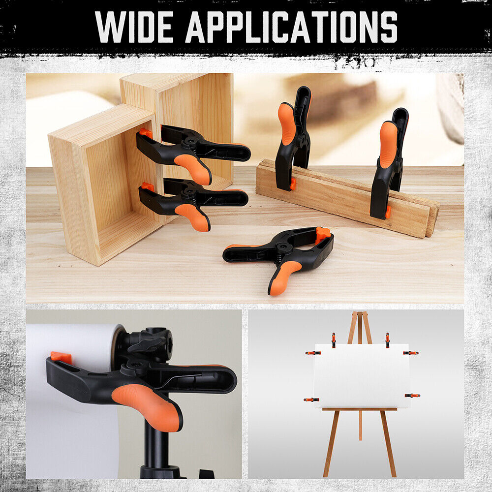 Pack of 4 HORUSDY 7-inch black nylon spring clamps with orange non-slip TPR handles and reinforced glass fiber construction for secure clamping.