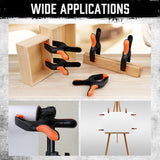 Pack of 4 HORUSDY 7-inch black nylon spring clamps with orange non-slip TPR handles and reinforced glass fiber construction for secure clamping.