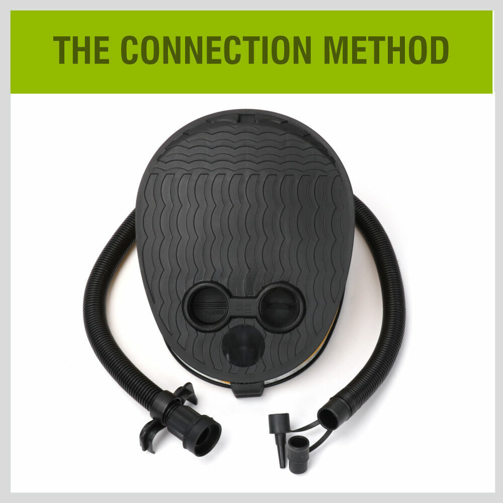 Compact and portable foot air pump with non-kink hose and three nozzles for various valves.