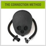 Compact and portable foot air pump with non-kink hose and three nozzles for various valves.