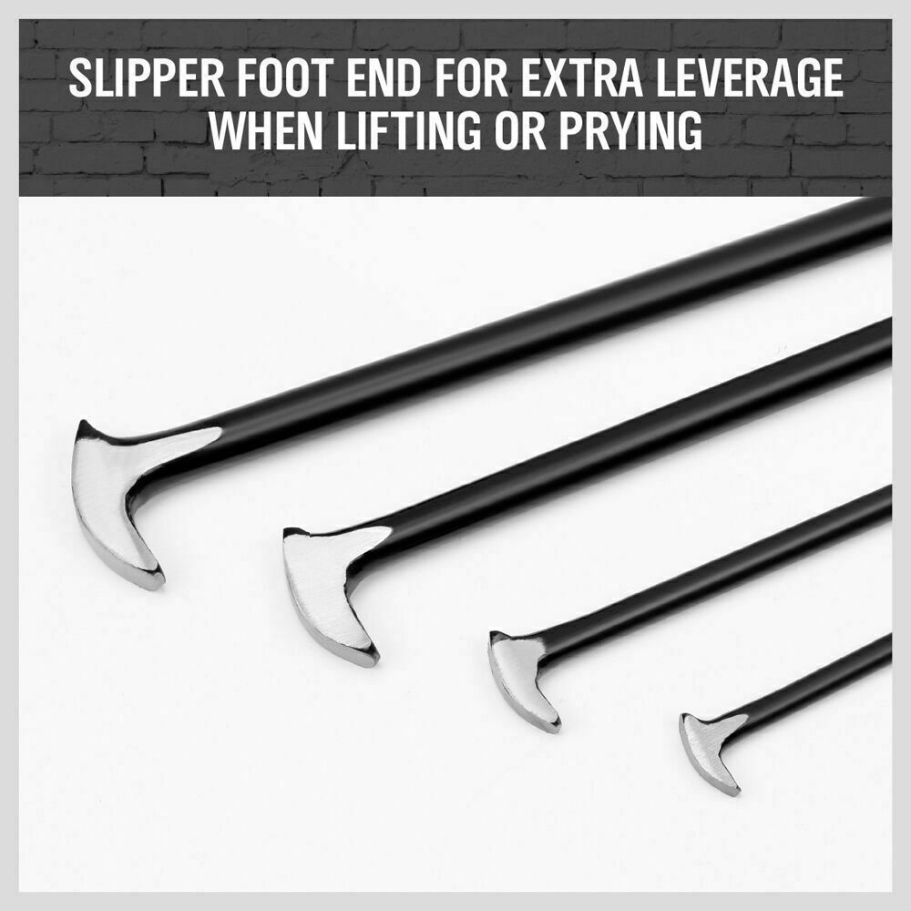 Set of four heavy-duty pry bars in various sizes, crafted from drop-forged hardened steel with a durable baked enamel finish. Each bar features a slim tapered end with a fine point tip for aligning parts and a rolling head hook end for enhanced leverage