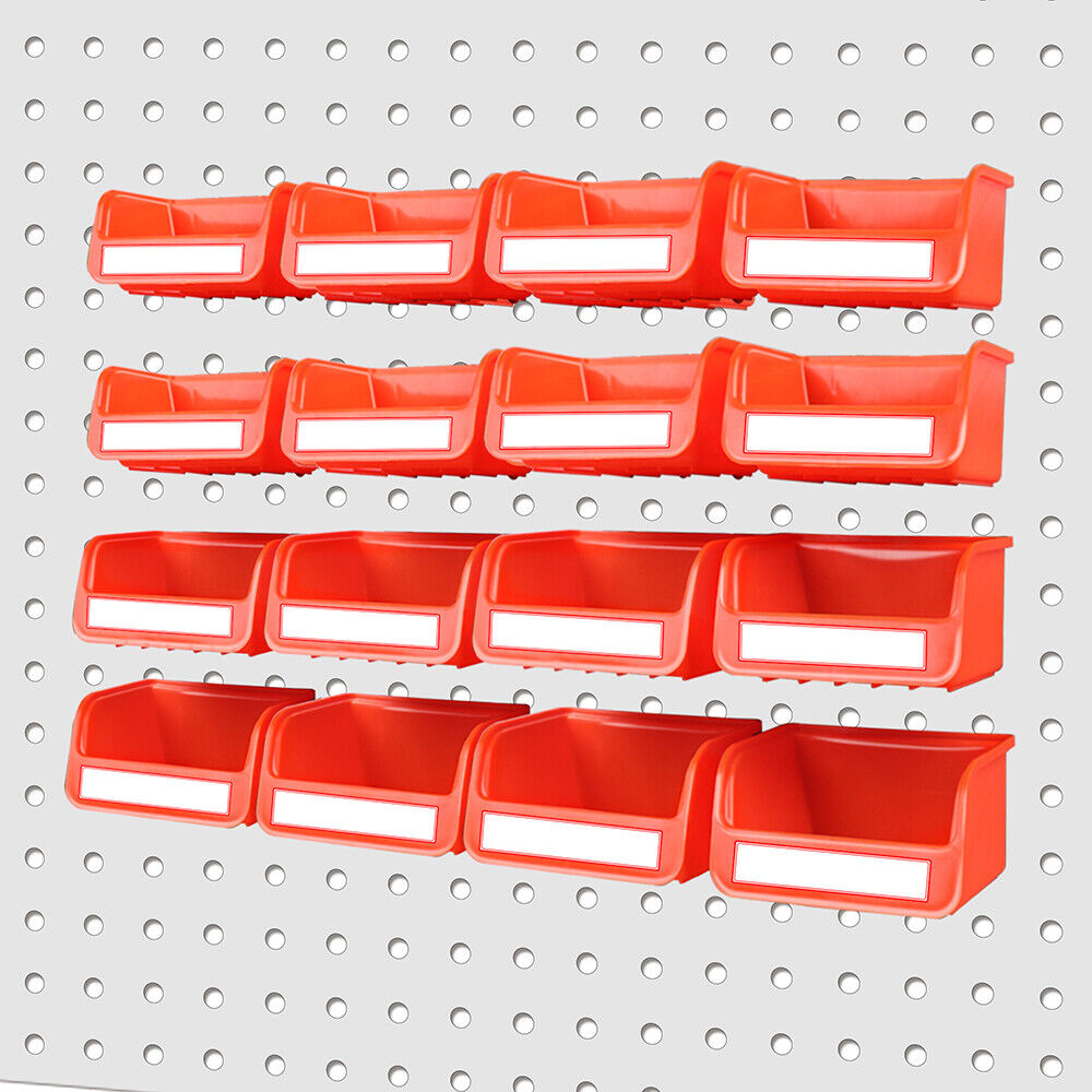 Versatile 16-piece pegboard bins set attached with sturdy steel hooks, perfect for organizing small parts and tools on standard pegboards