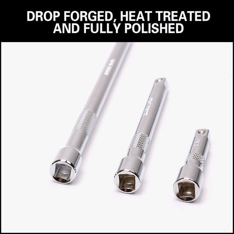 Durable 3-Piece Extension Bar Set with spring-loaded ball detent, knurled grip, and SmartKrome plating for 3/8" drive.