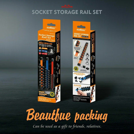 Color-coded 3Pc Socket Holder Set for 1/4", 3/8", 1/2" drives with ABS plastic clips for tool organization.