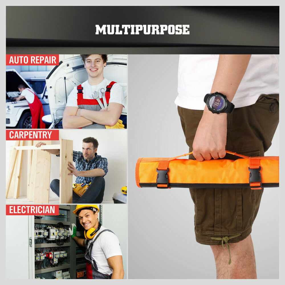 Durable Tool Holder Belt with 21 versatile pockets. Made from strong polyester fabric, ideal for storing tools, knives, pens, and brushes. Features a secure two-strap closure, easy roll-up design, and a convenient carry handle. Suitable for electricians, mechanics, handymen, and DIY enthusiasts.