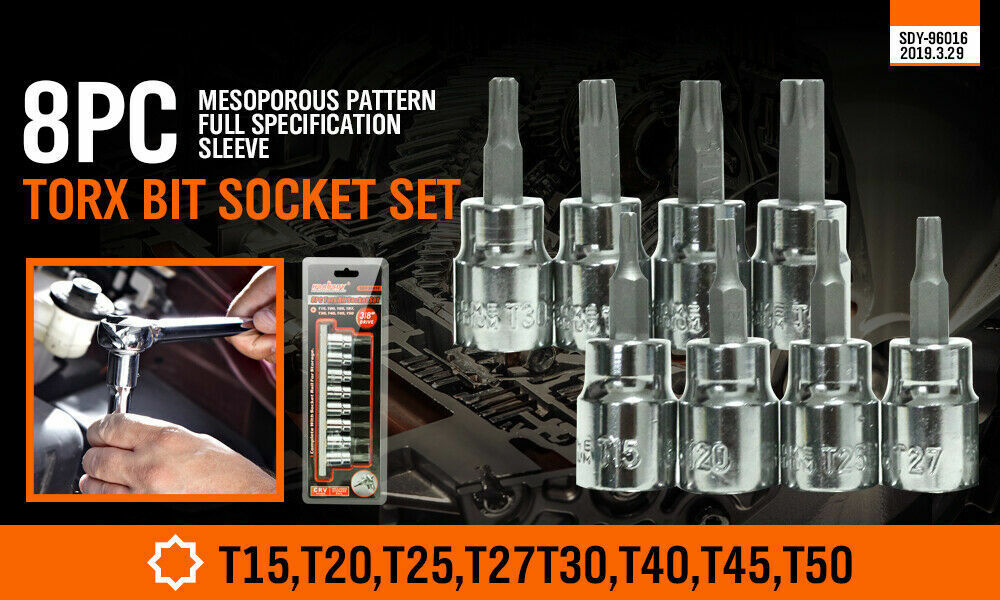 Durable 8-Piece Torx Bit Socket Set with Sizes T15-T50 - 3/8" Drive, Tamper Proof, Chrome Vanadium Steel, Includes Rail Holder