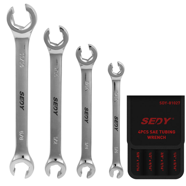 SEDY 4-Piece Flare Nut Wrench Set in SAE Sizes, Featuring 15° Offset Heads and Durable Chrome Vanadium Construction with a Convenient Organizer Pouch