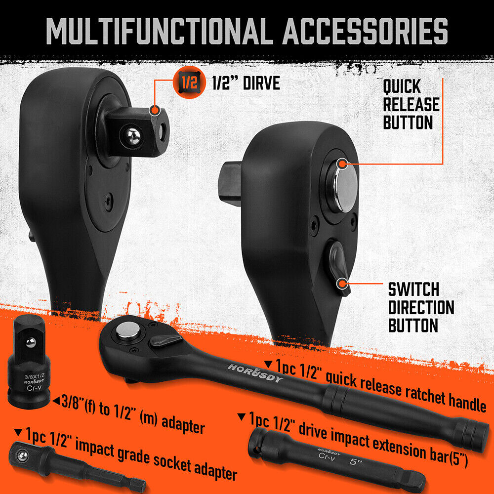 HORUSDY 24-Piece 1/2" Drive Impact Socket Set, Including SAE and Metric Sizes with Ratchet Handle and Extension Bar, Ideal for Diverse Applications