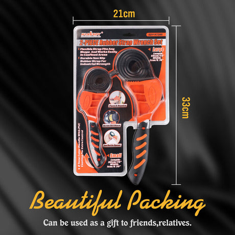 Two-piece adjustable strap wrench set with reinforced rubber belts and ergonomic handles.